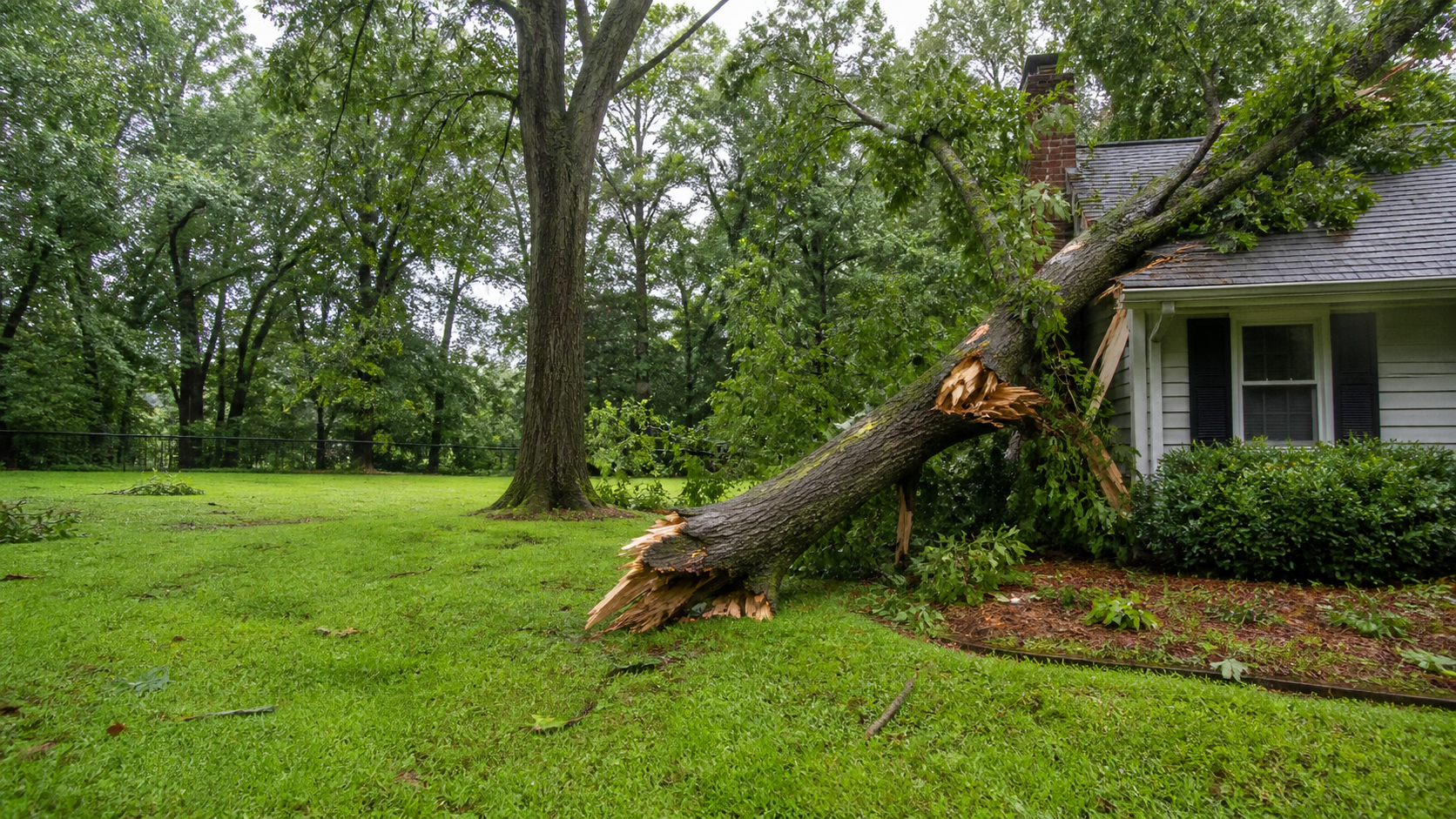 Illustration representing storm-damage tree service planning in a residential setting