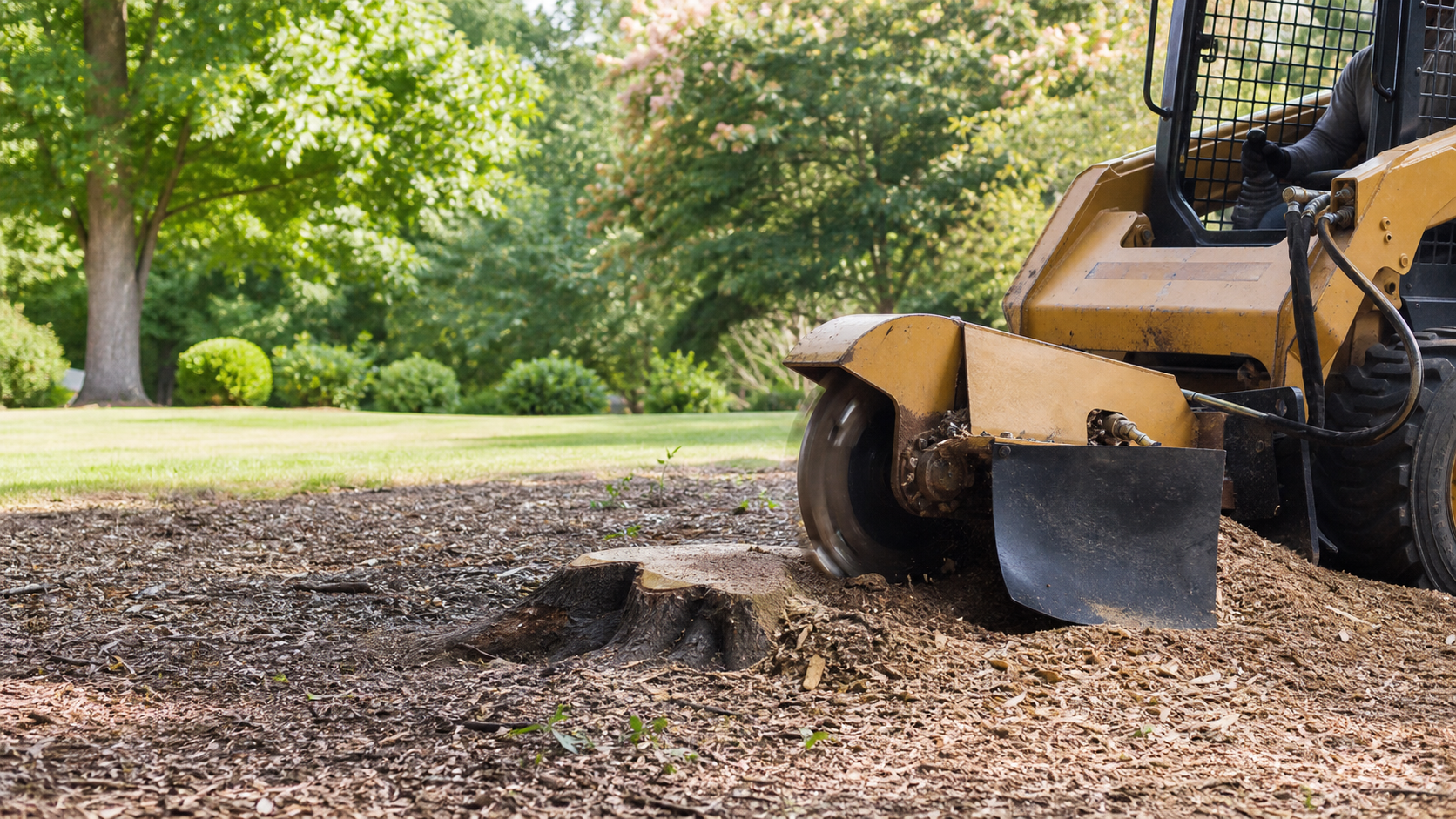 Illustration representing stump grinding planning in a residential setting